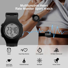 EZON T037 Heart Rate Monitor Chest Strap and Digital Watch,5ATM Waterproof Fitness Tracker with HRM, Stopwatch and Hourly Chime - Ideal Fitness Presents for Men and Women - EZON Watch