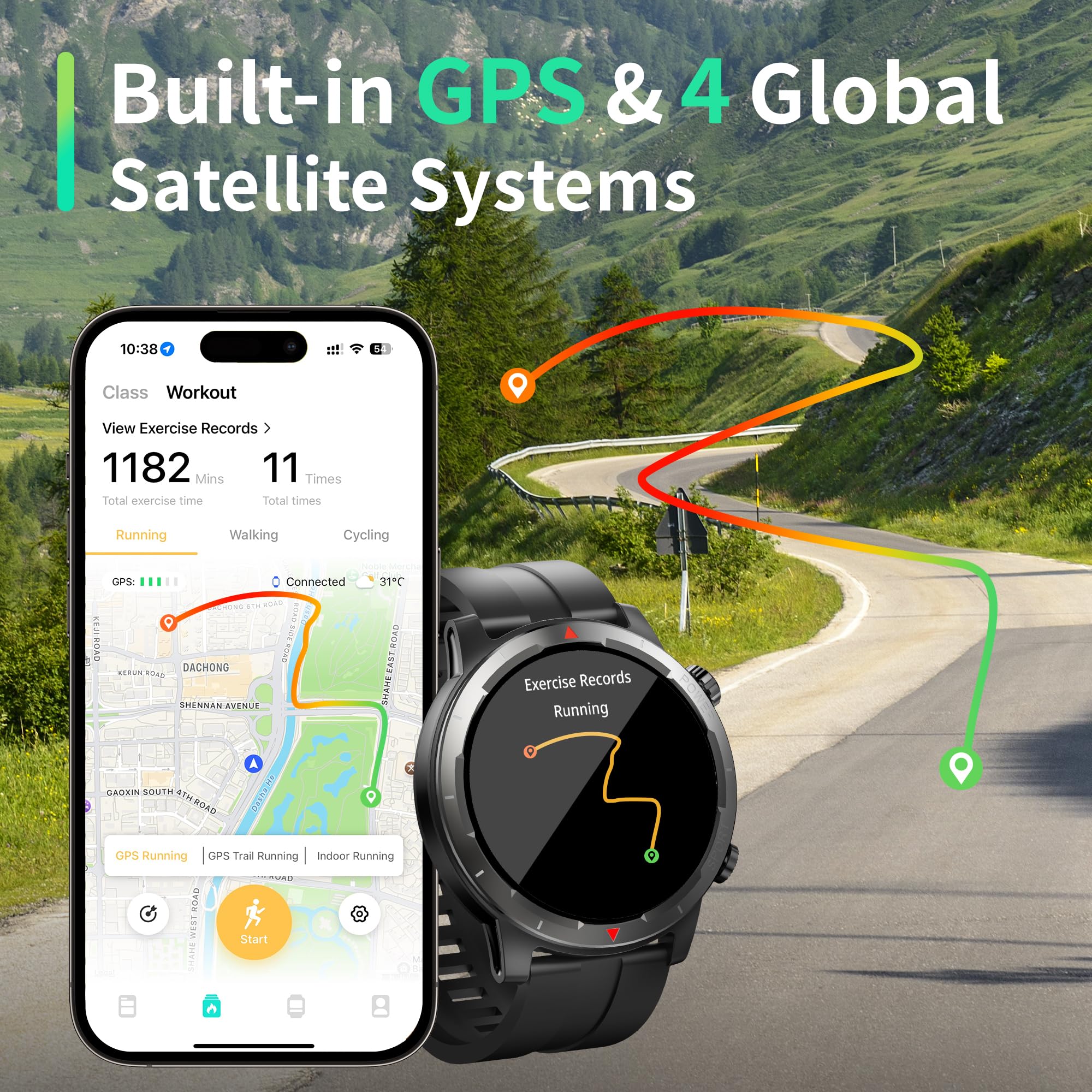 EZON Smart Watch with GPS(Answer/Dial Calls),1.43" AMOLED Display,Tactical Fitness Tracker with 100+ Sport Modes,Heart Rate,SpO2, Sleep Monitor,Compass,Compatible with Android iOS (Black) EZON