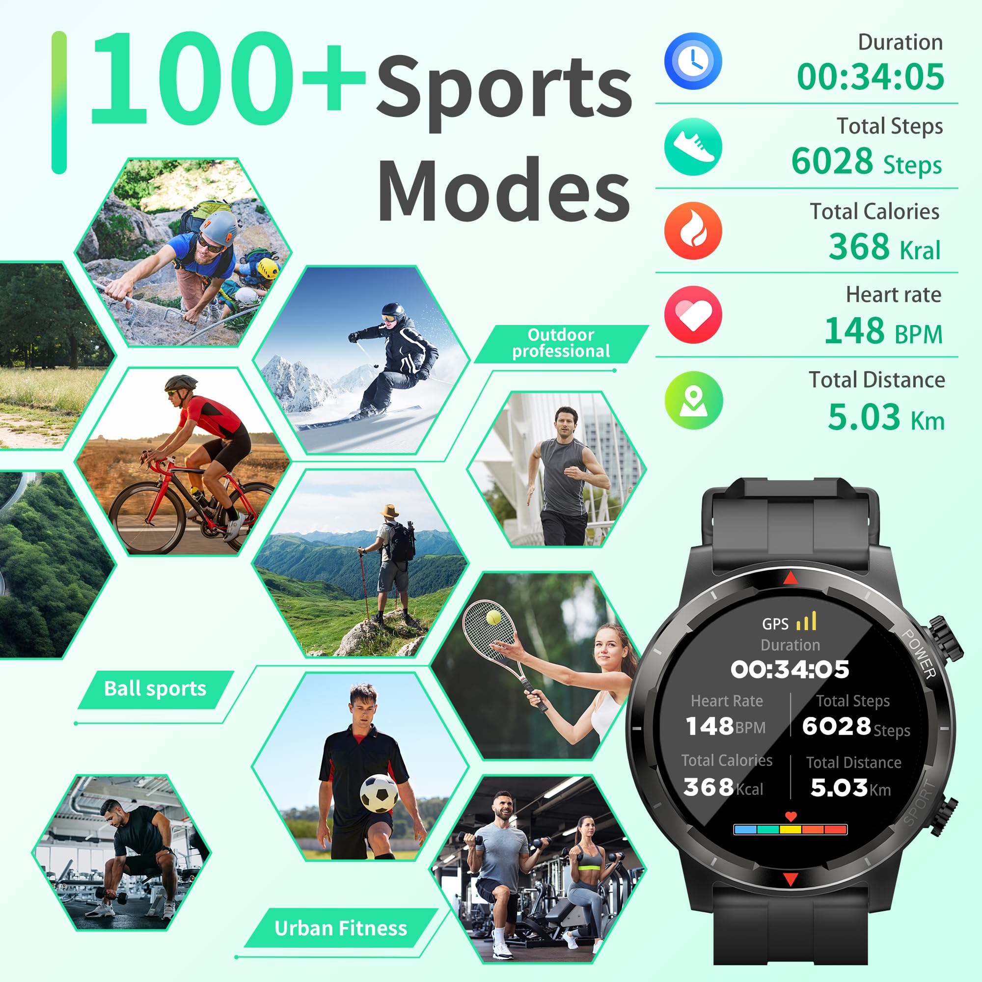 EZON Smart Watch with GPS(Answer/Dial Calls),1.43" AMOLED Display,Tactical Fitness Tracker with 100+ Sport Modes,Heart Rate,SpO2, Sleep Monitor,Compass,Compatible with Android iOS (Black) EZON