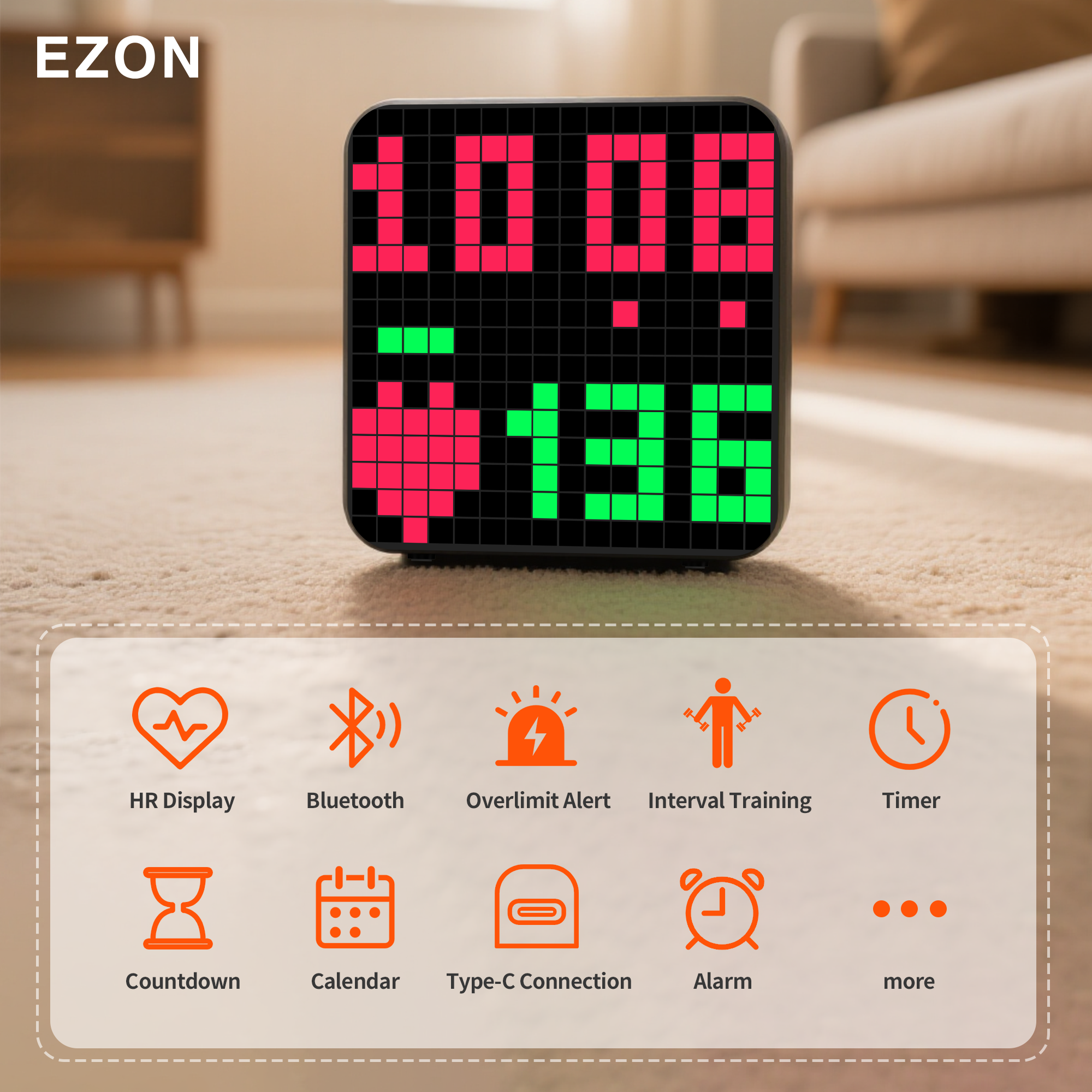 EZON bluetooth heart rate monitor and pixel art clock with interval trainer - cute animation alarm clocks for bedrooms, no app needed EZON