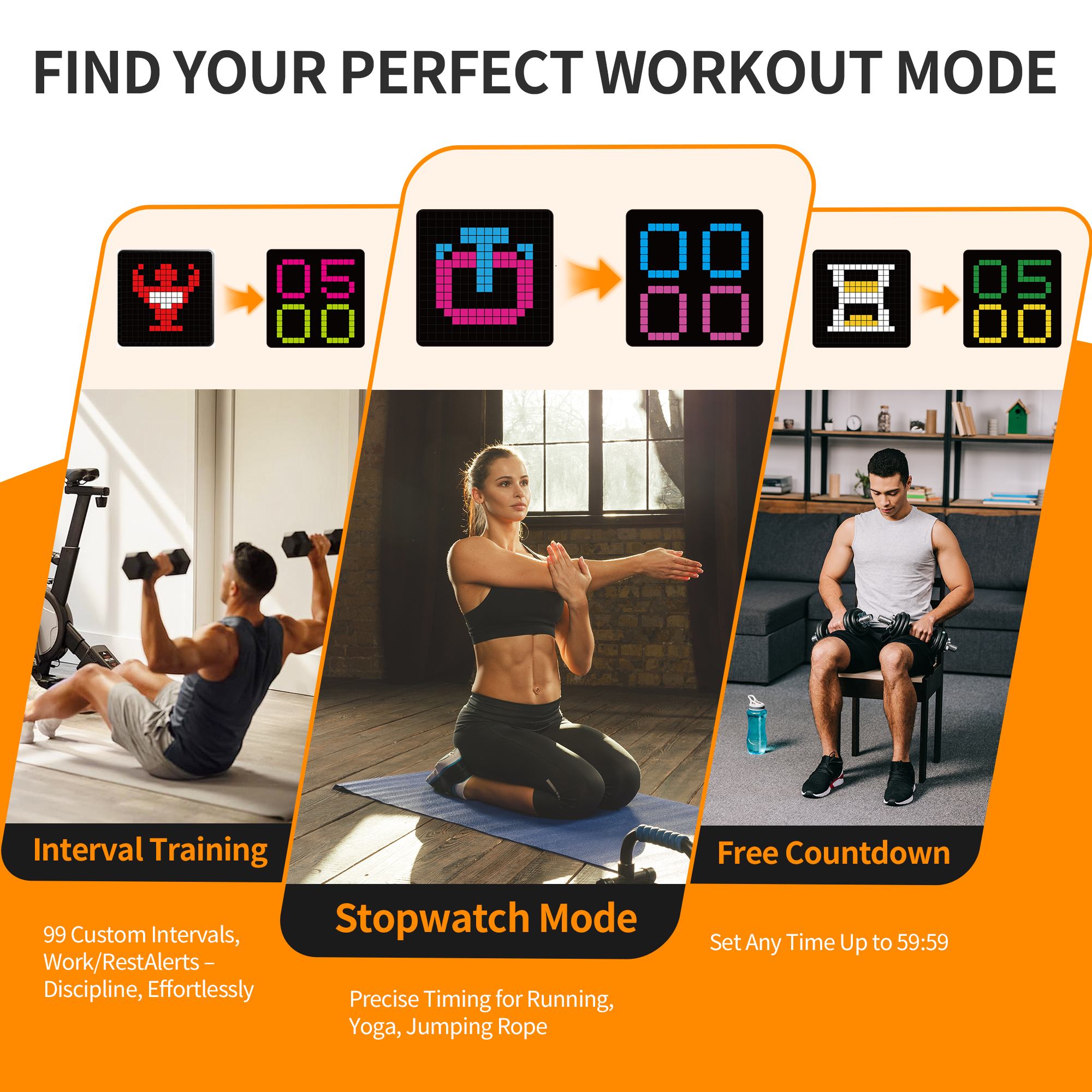 EZON bluetooth heart rate monitor and pixel art clock with interval trainer - cute animation alarm clocks for bedrooms, no app needed EZON